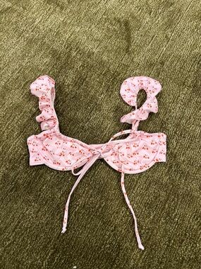 Frankie’s Bikinis Pink Cherry Print Ruffle Strap Bikini Top